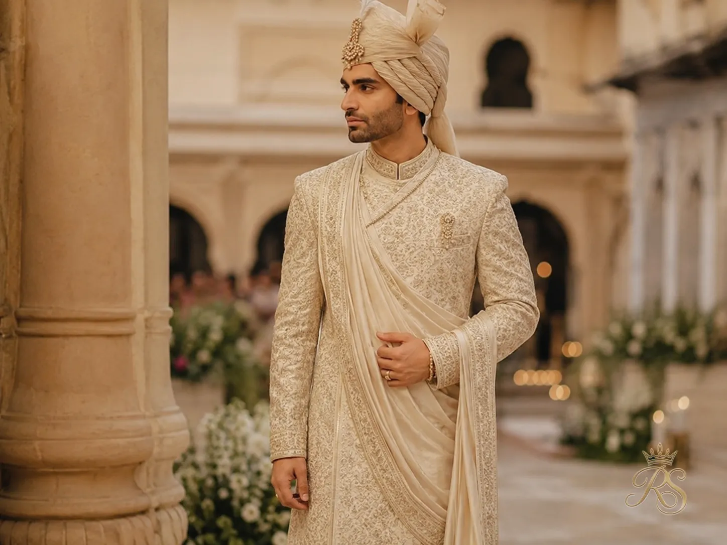 Groom in a heritage-inspired angrakha sherwani with an elegant draped front